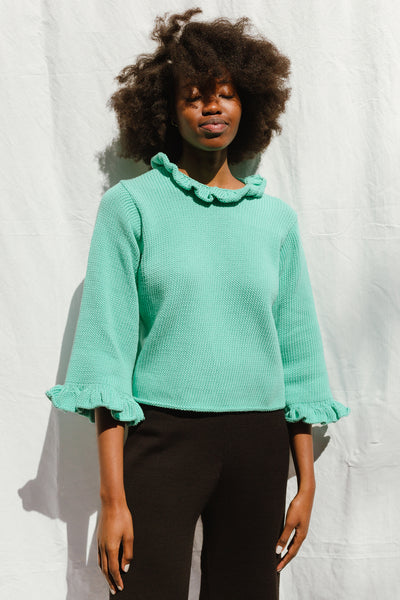 FIORELLA ruffle jumper organic cotton turquesa – jaggerylondon