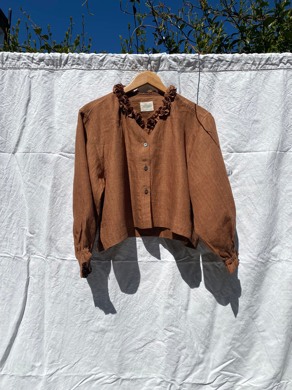 ZULEMA MINI v-neck ruffle blouse / indian linen / cinnamon
