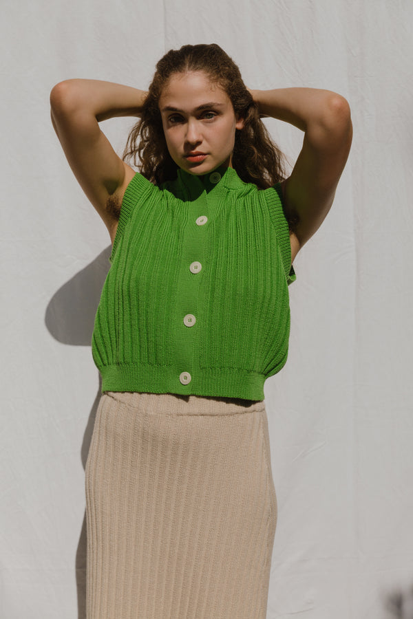 OTTILIA ribbed vest cardigan / highland wool / lemongrass