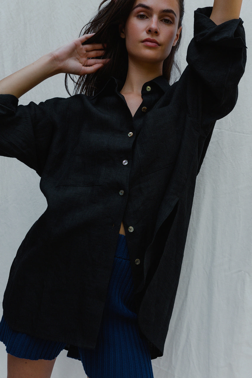 SANTIAGO big shirt / indian linen / black