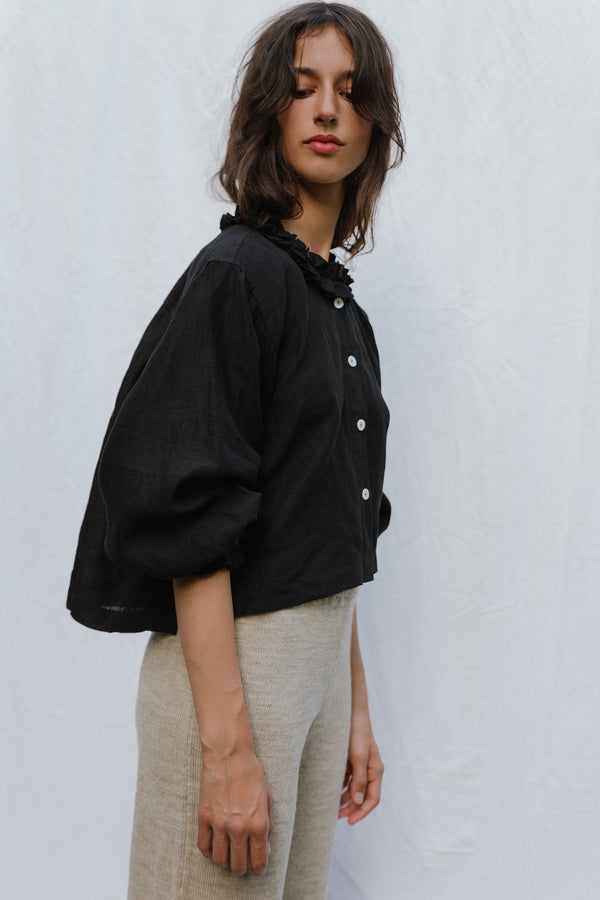 ZULEMA MINI v-neck ruffle blouse / indian linen / black