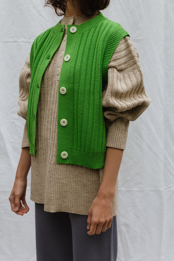 OTTILIA ribbed vest cardigan / highland wool / lemongrass