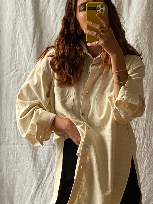 SANTIAGO big shirt / organic indian cotton & natural indian silk / cream chequered