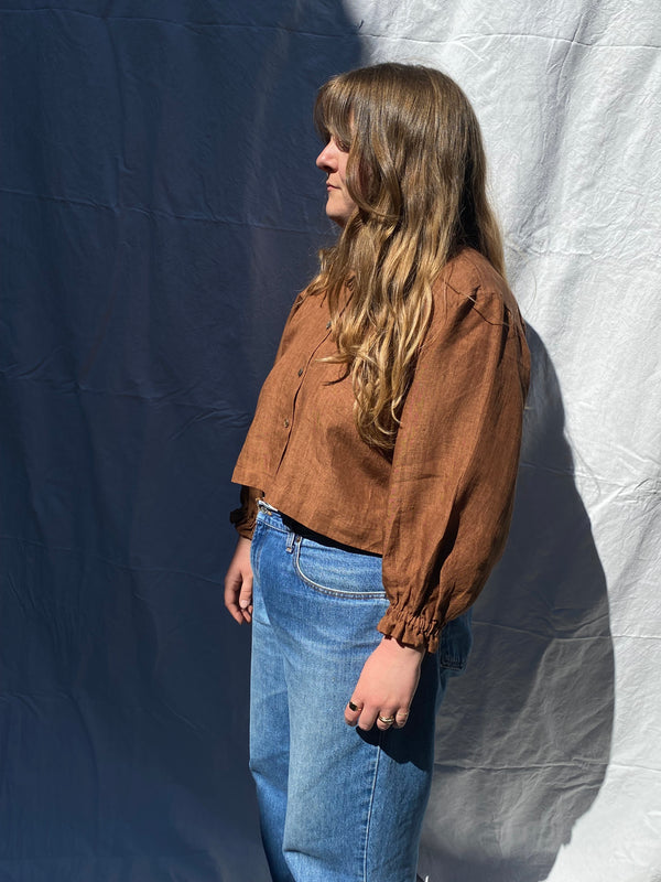 ZULEMA MINI v-neck ruffle blouse / indian linen / cinnamon