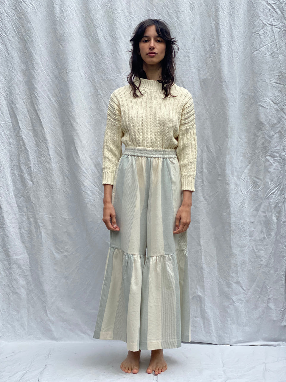 PALOMA ruffle trousers / indian cotton / pastel blue stripe / sample