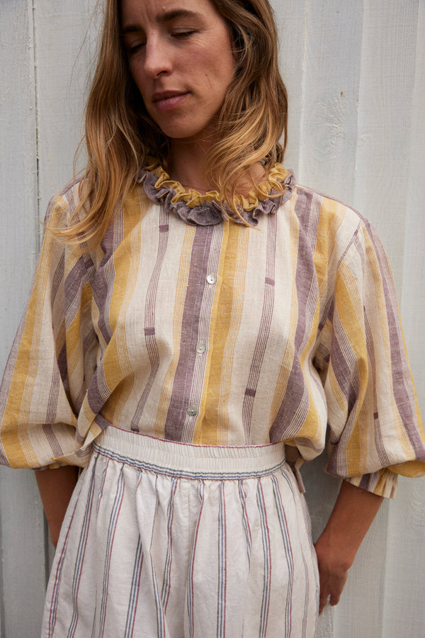 ZULEMA MINI v-neck ruffle blouse / indian linen / ochre & aubergine / sample